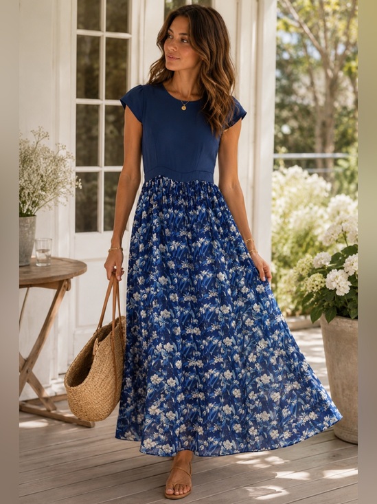 Dresses & Skirts - Navy Blue Floral Chiffon Maxi Dress Coastal Cottagecore XL”